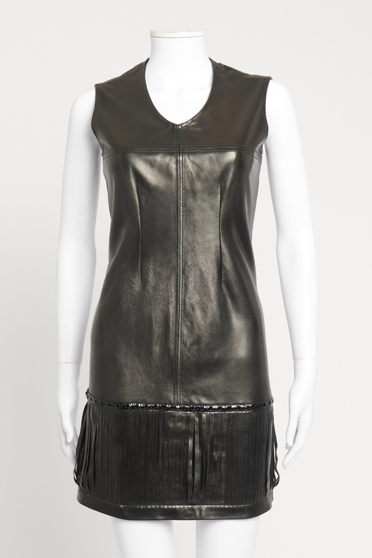 Black Leather Fringed Preowned Mini Dress