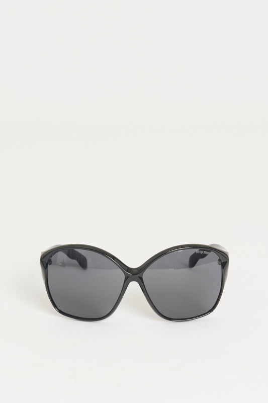 Black Acetate Oversized Preowned Sunglasses With Silvertone Logo At Arms