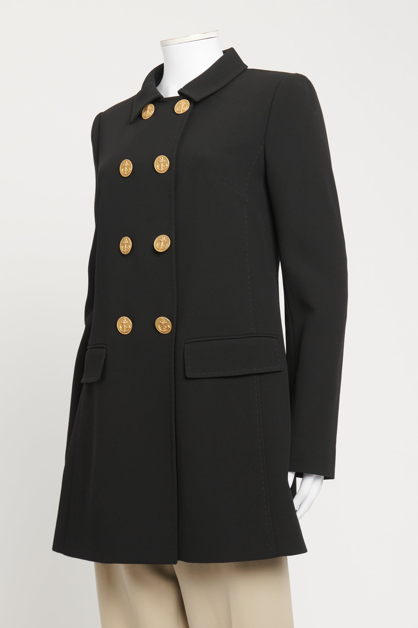 Black Double-Breasted Preowned Coat With Polka Dots Print Lining