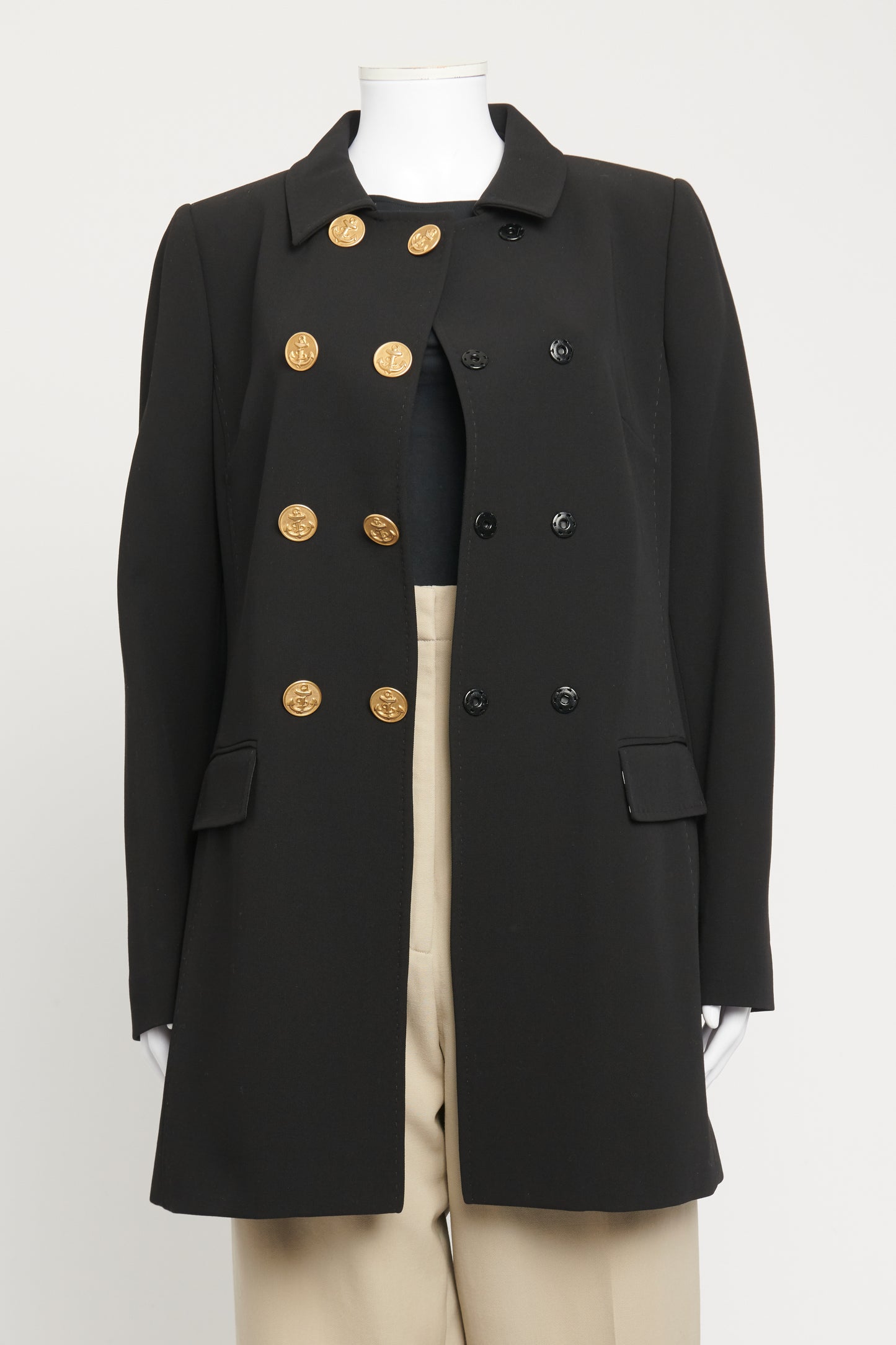 Black Double-Breasted Preowned Coat With Polka Dots Print Lining