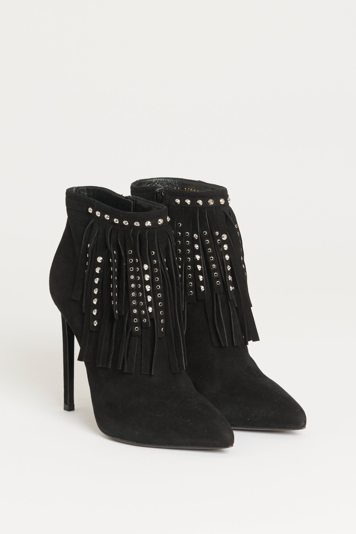 Black Suede Preowned Stiletto Boots With Fringes
