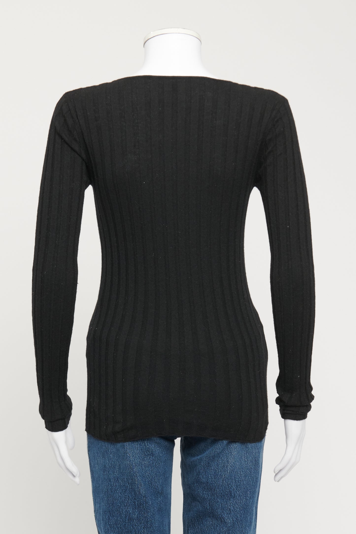 Black Wool Blend Preowned Knitted Top With Deep V Neck