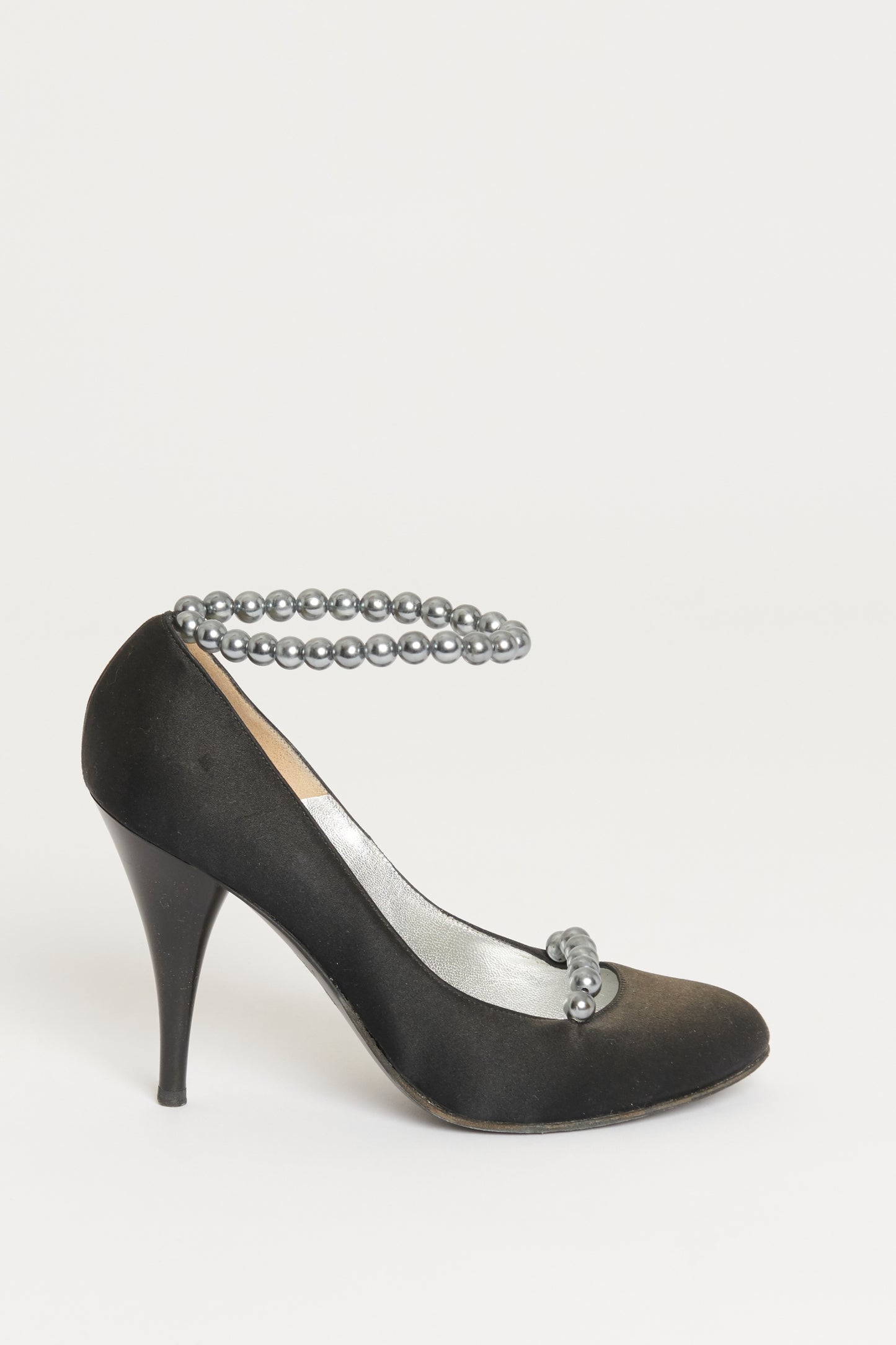 2005 Black Satin Preowned Faux-Pearl Ankle Cuff Pumps