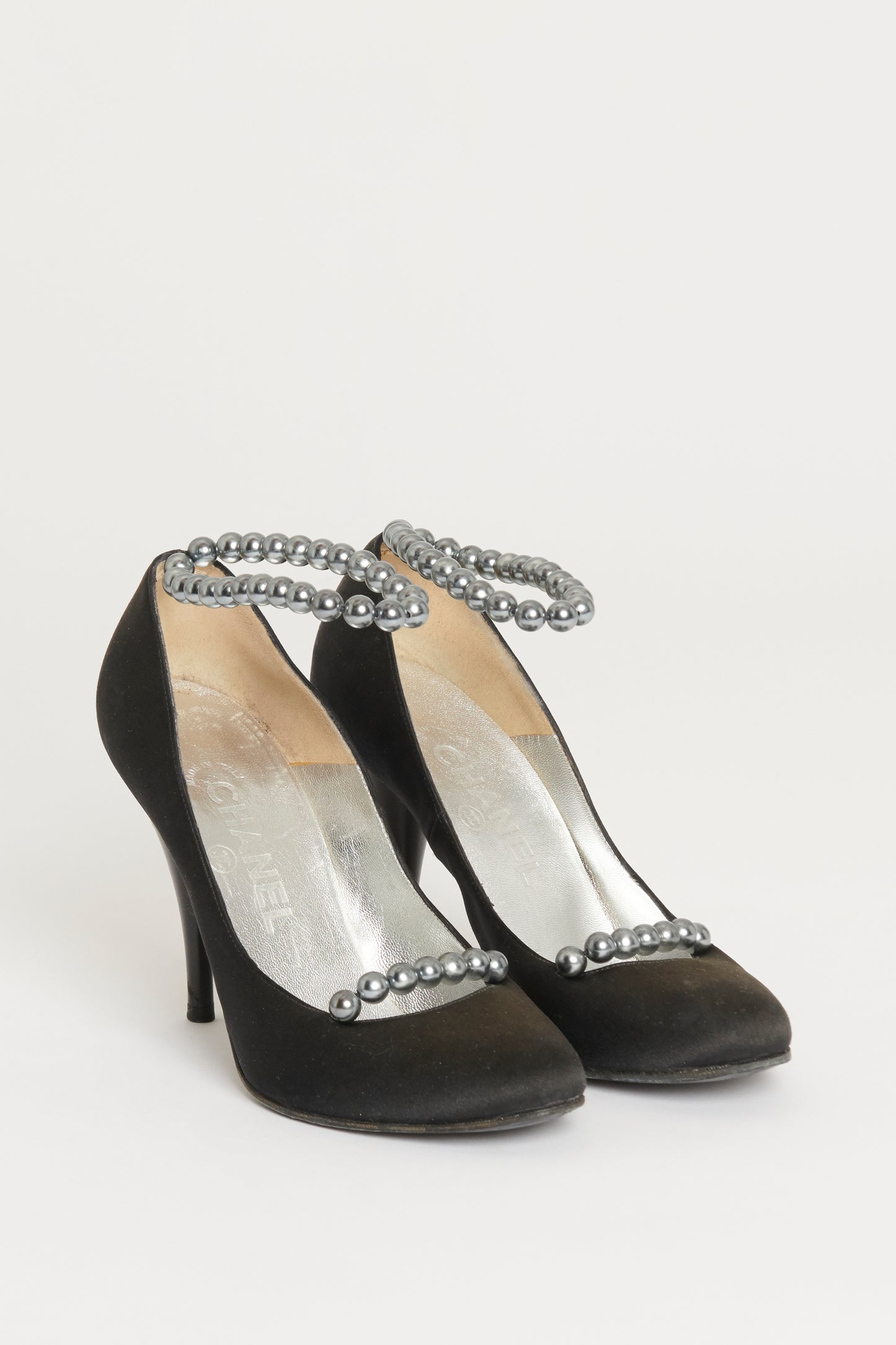 2005 Black Satin Preowned Faux-Pearl Ankle Cuff Pumps