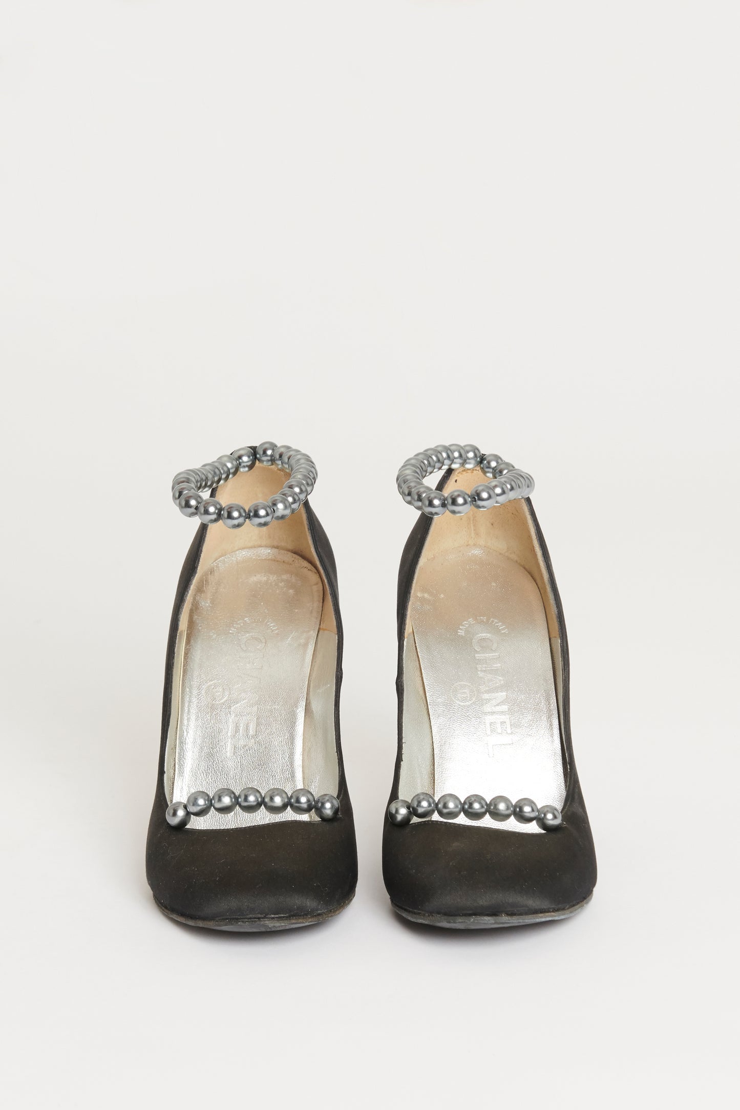 2005 Black Satin Preowned Faux-Pearl Ankle Cuff Pumps
