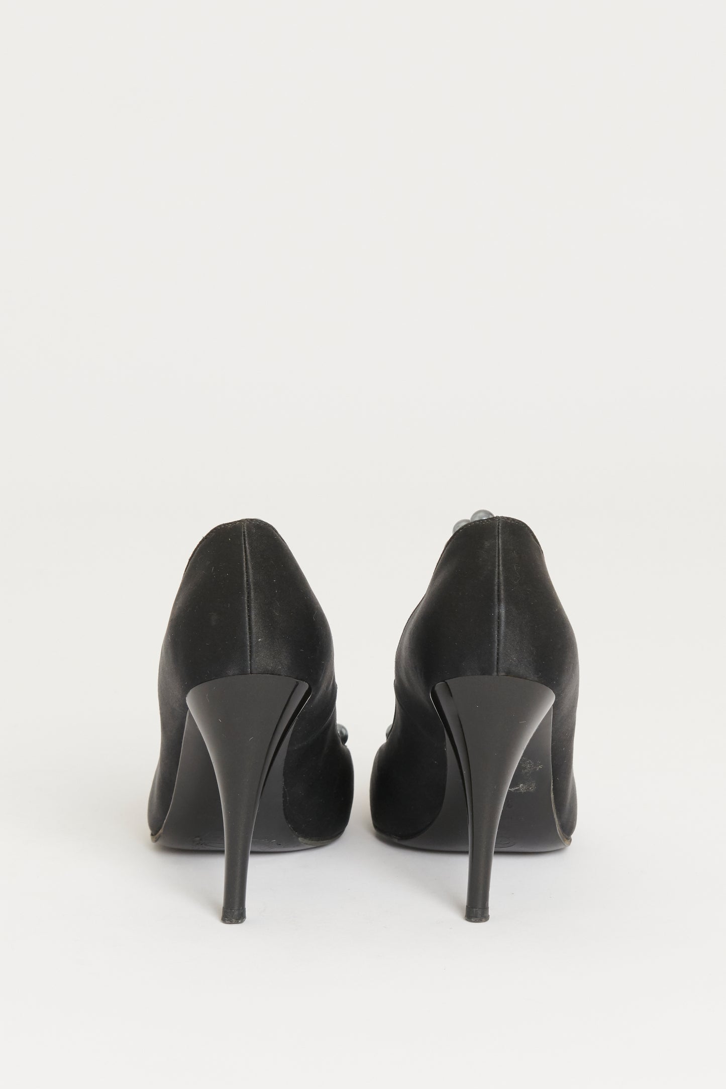 2005 Black Satin Preowned Faux-Pearl Ankle Cuff Pumps