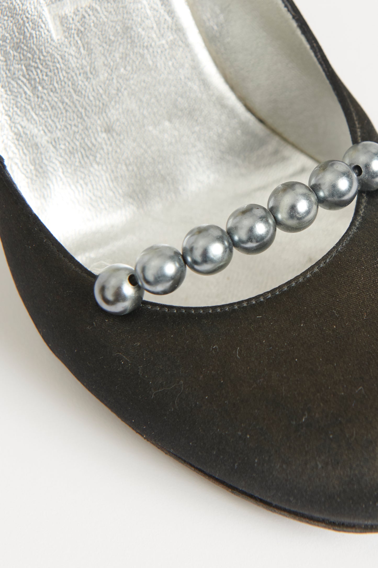 2005 Black Satin Preowned Faux-Pearl Ankle Cuff Pumps
