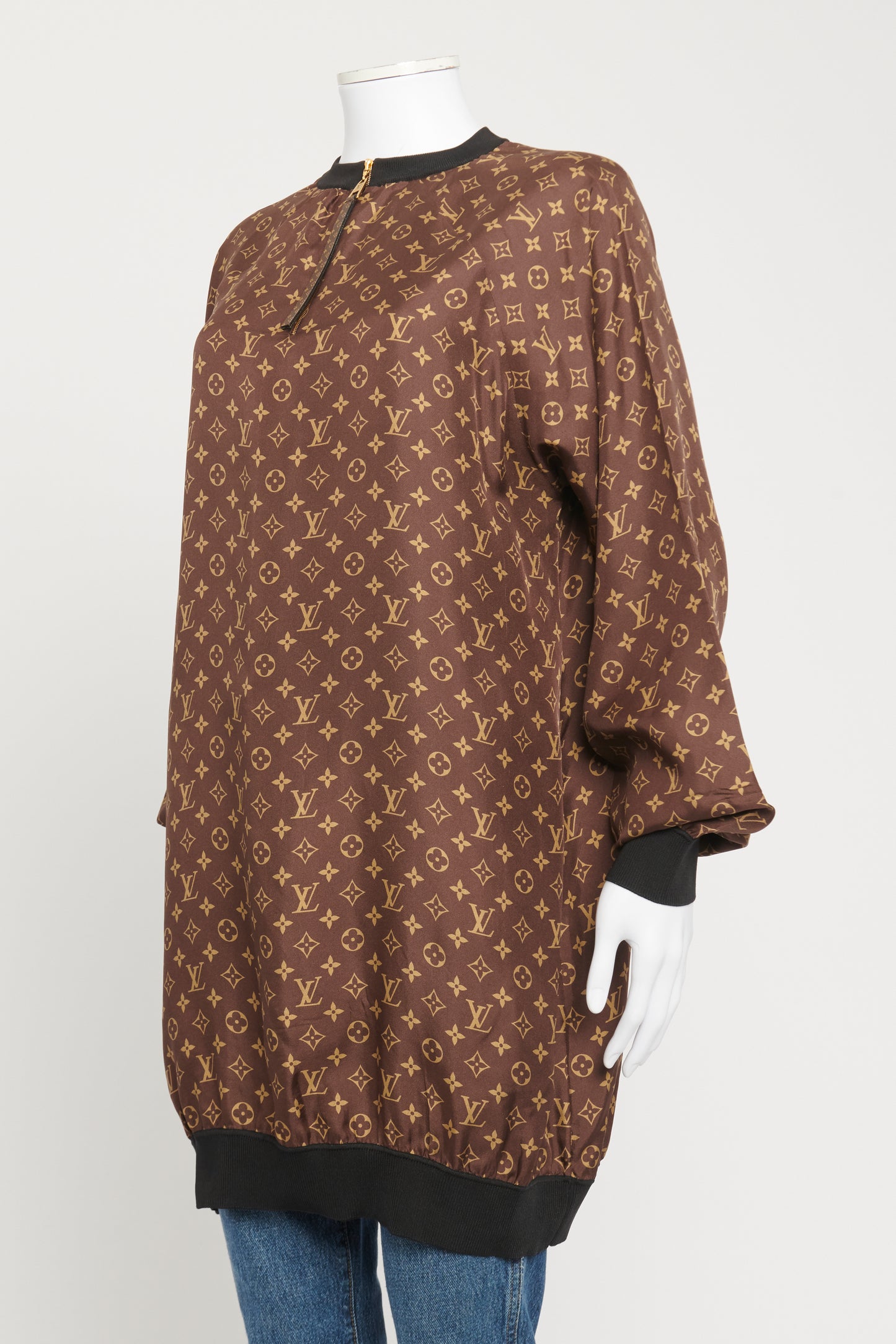 Brown Silk Preowned Monogram Print Sweater Dress