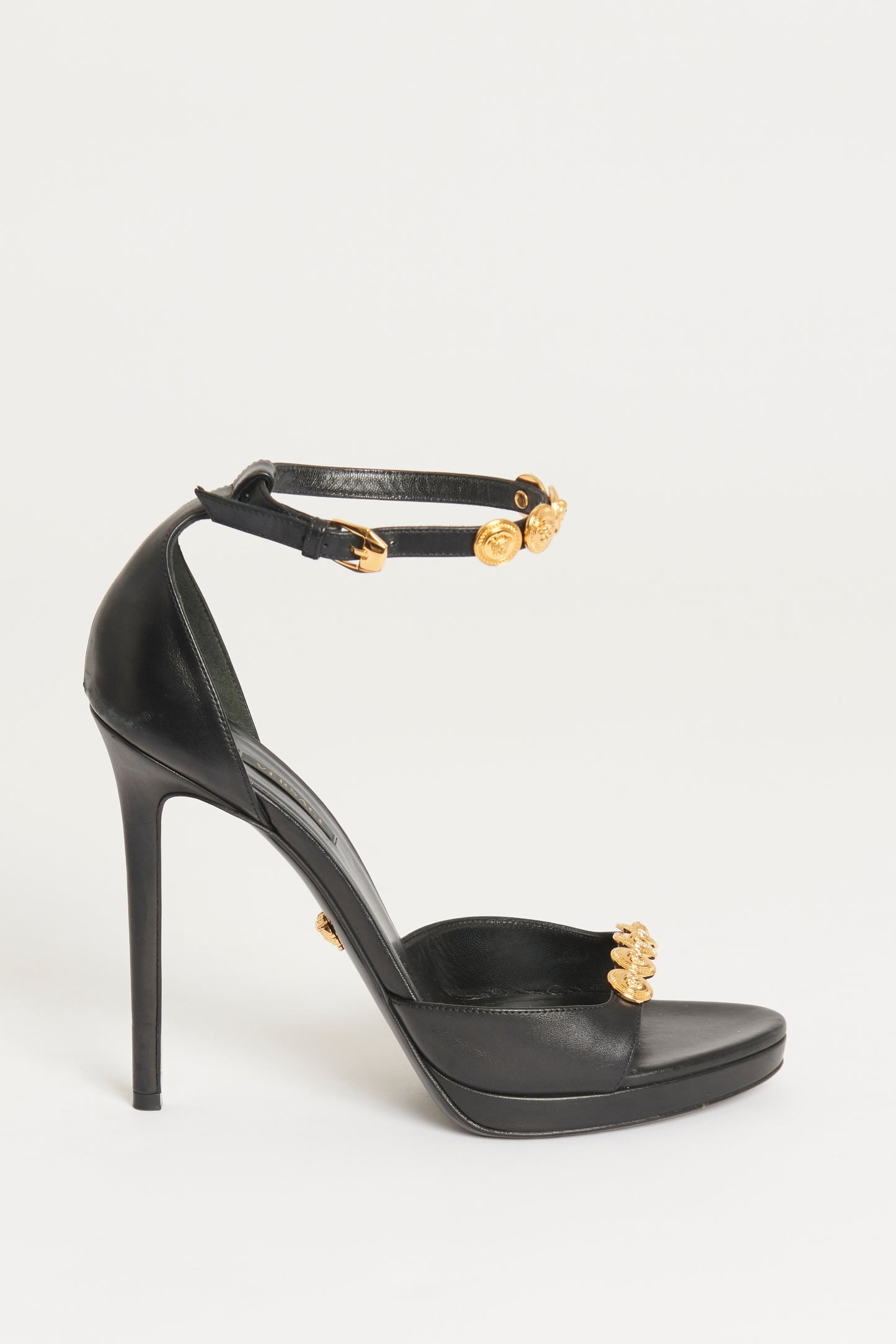 Black Leather Medusa Gold Stud Preowned Heel