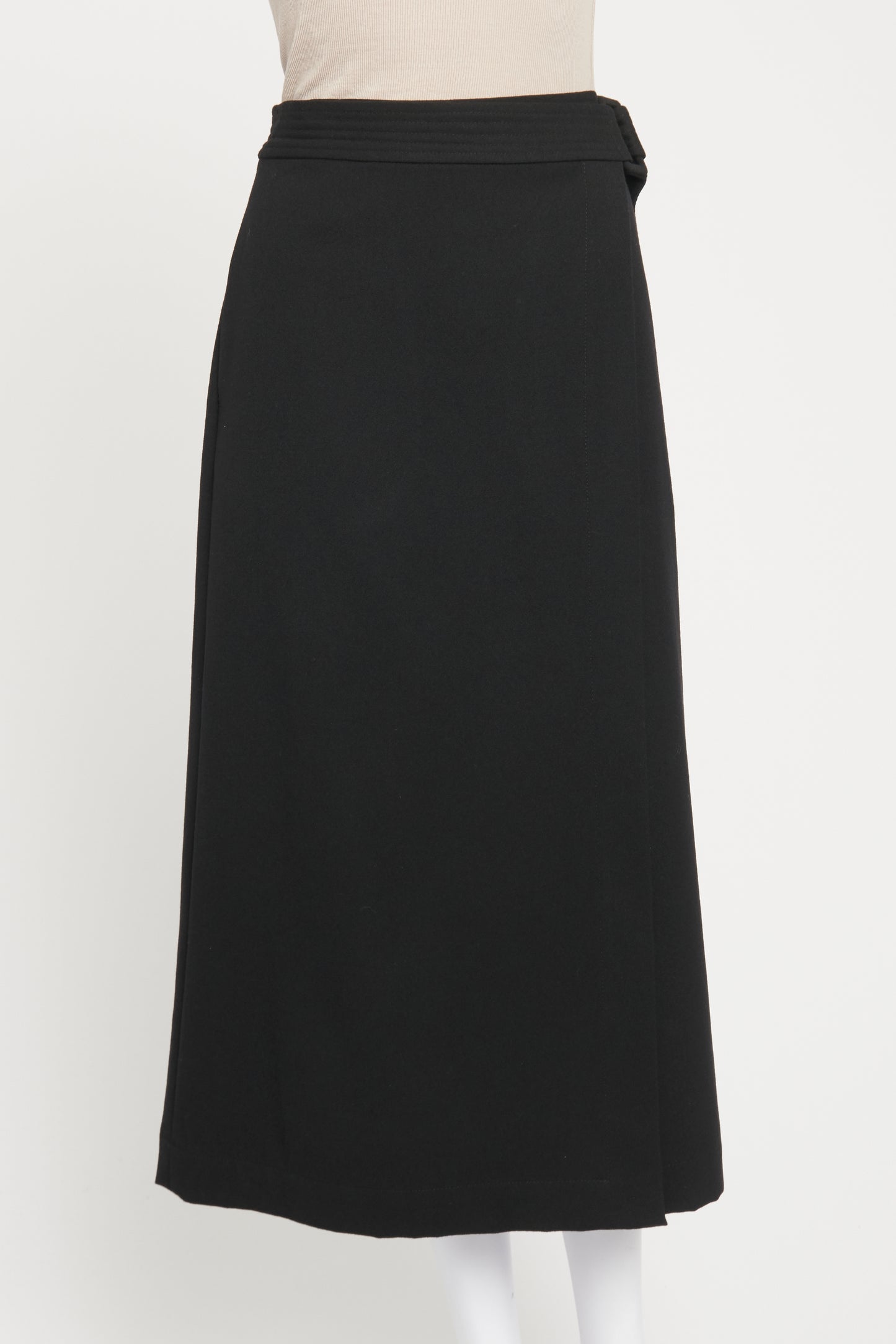 Black Wool Belted Preowned Midi Skirt