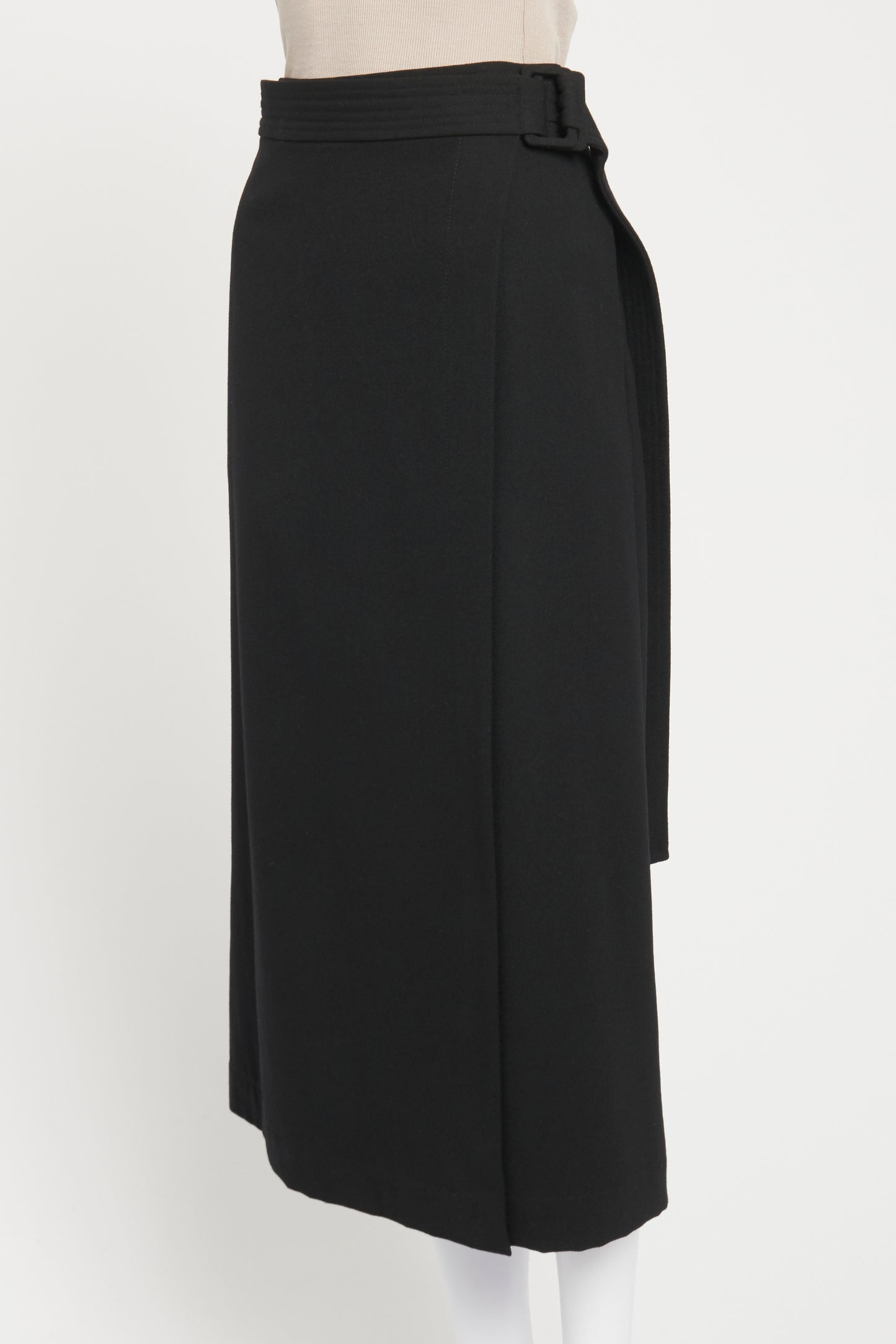 Black Wool Belted Preowned Midi Skirt