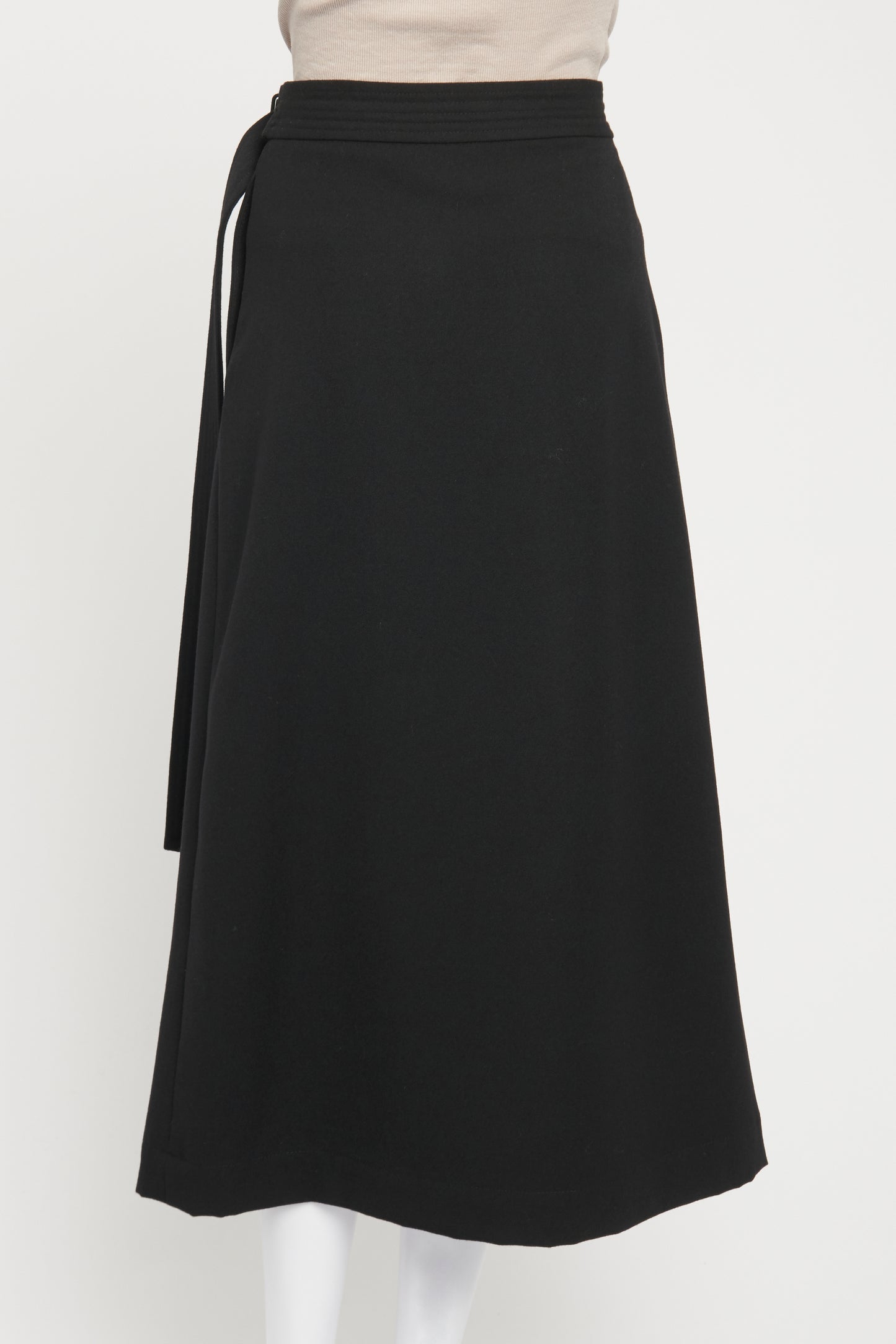 Black Wool Belted Preowned Midi Skirt