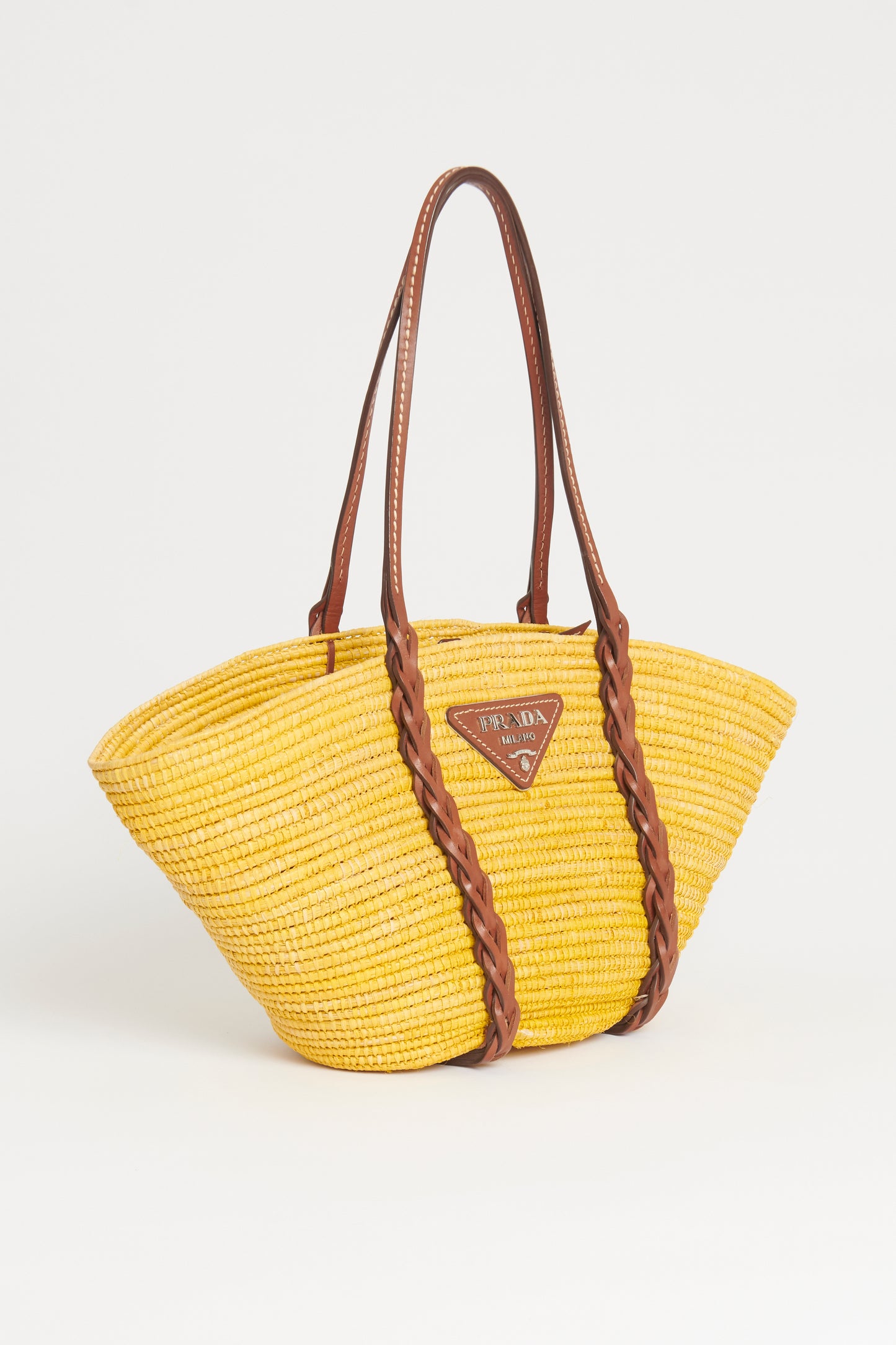 Yellow Straw & Leather Basket Tote