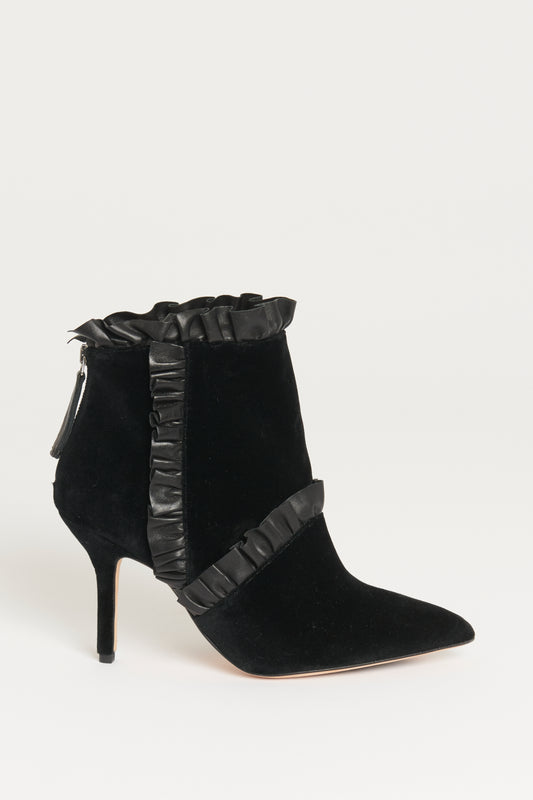 Black Velvet Leather Trim Detail Ankle Preowned Heel Boots