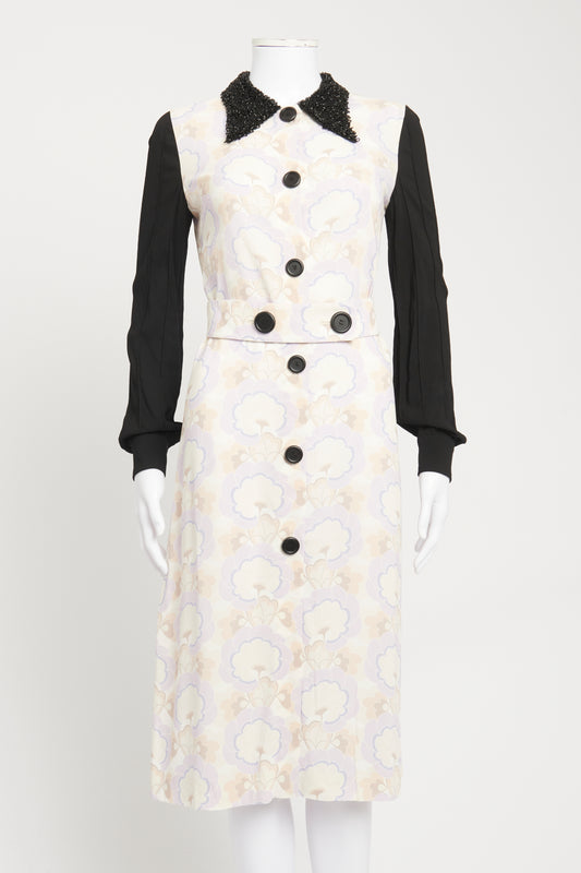 2015 Printed Beaded Collar Preowned Midi Dress