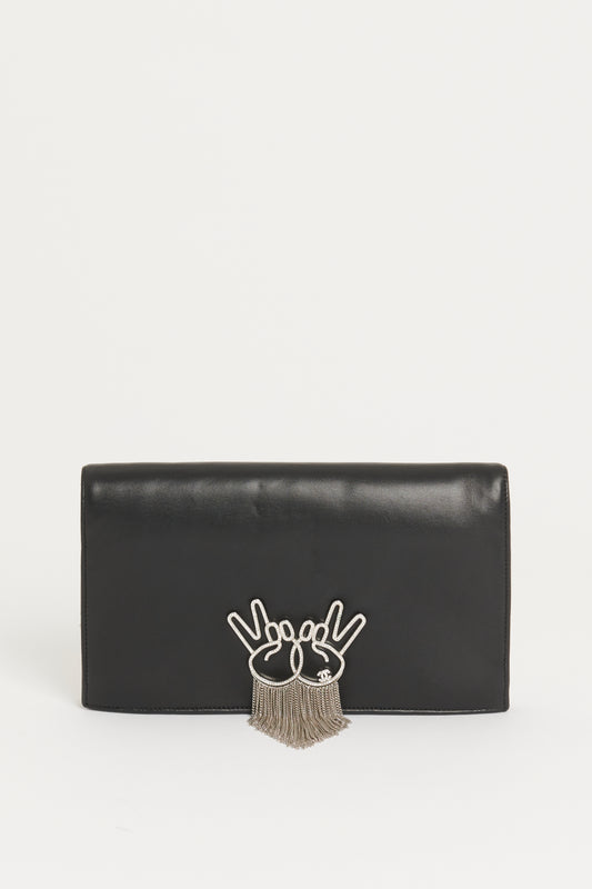 2016/17 Black Leather Preowned Clutch With Peace Emoji Fringed Detail