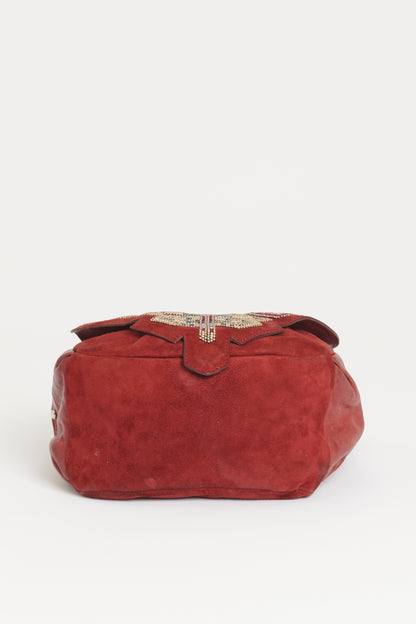 Red Suede Beaded Preowned Crossbody Bag