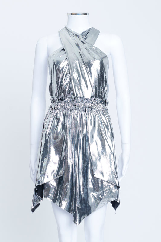 Silver Metallic Silk Blend Kary Mini Dress