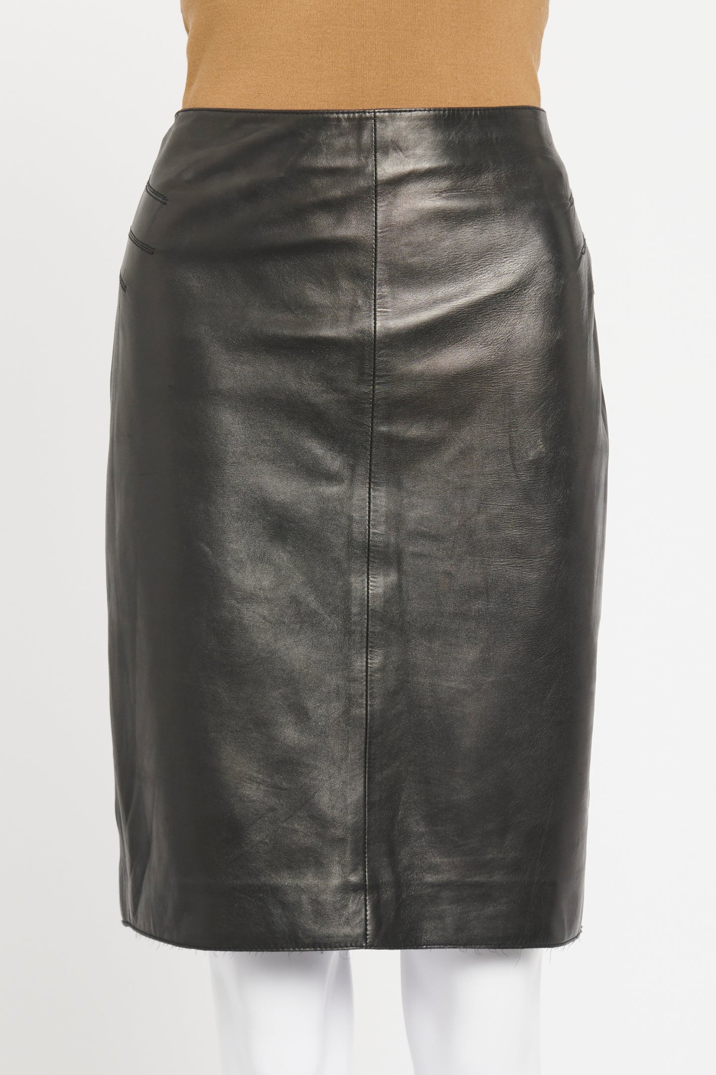 Black Leather Preowned Knee Length Skirt