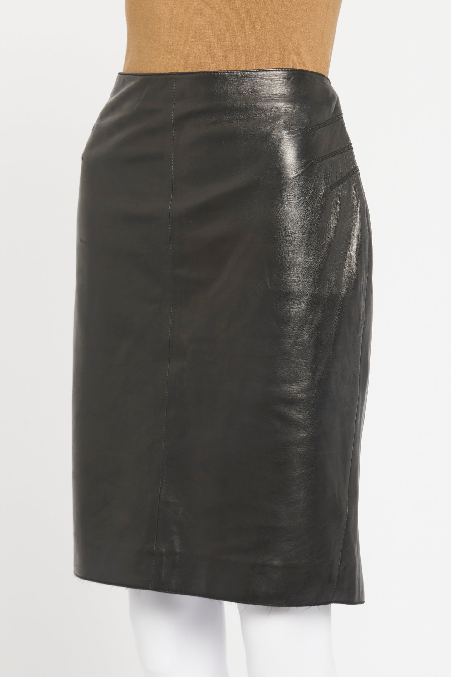Black Leather Preowned Knee Length Skirt