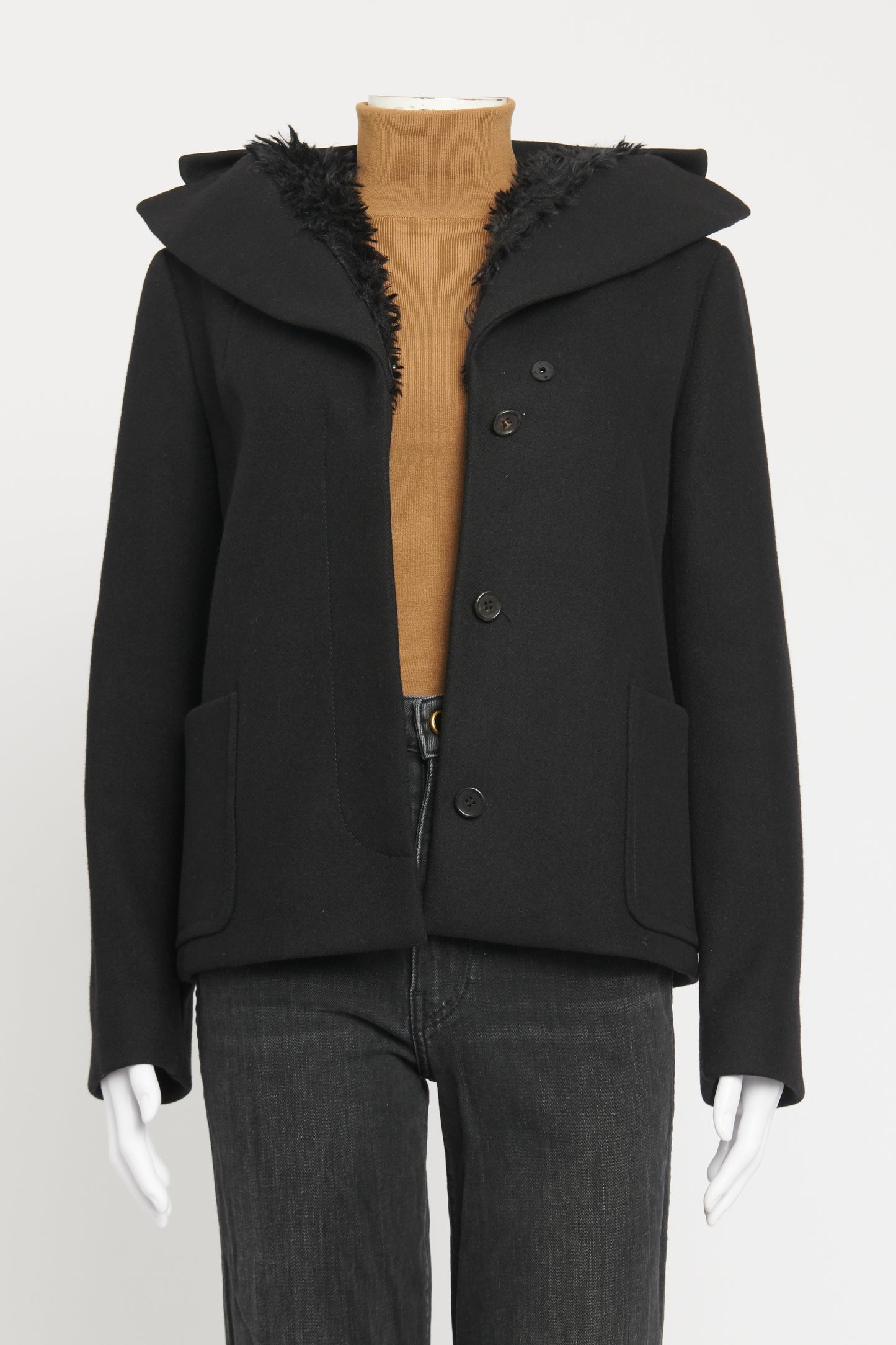 Black Hooded Faux Fur Preowned Hooded Coat