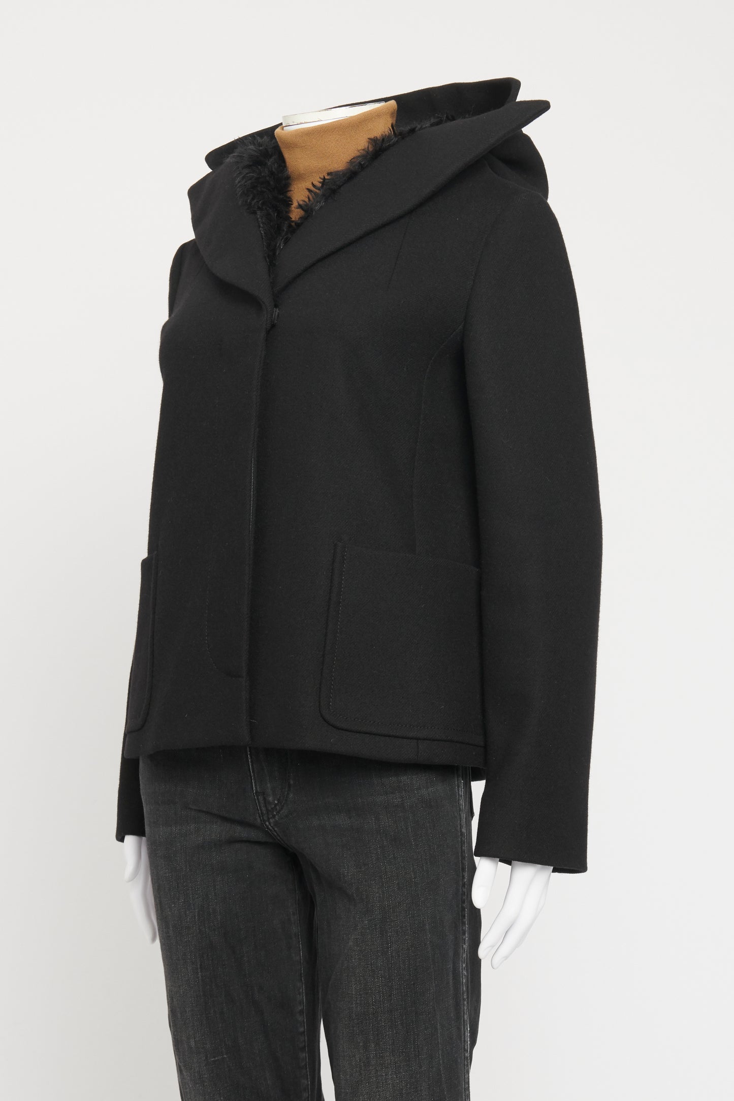 Black Hooded Faux Fur Preowned Hooded Coat