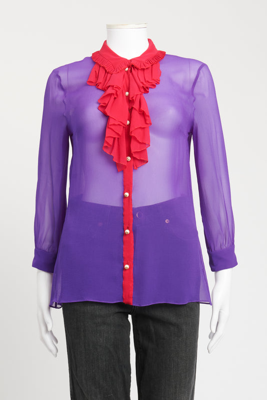 2016 Purple And Red Silk Preowned Ruffle Blouse