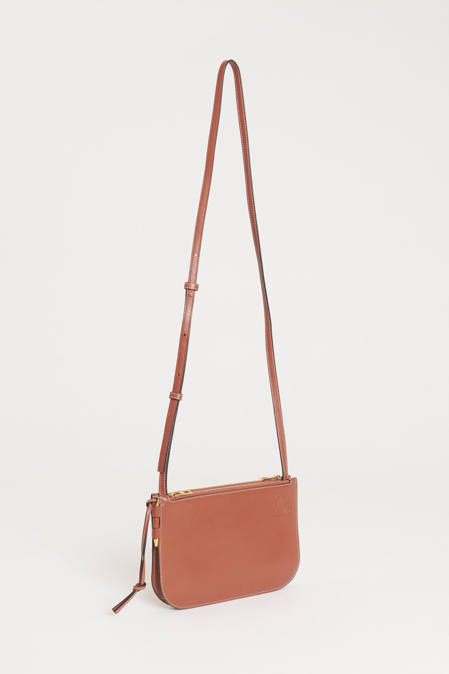 Brown Leather Preowned Double-Zip Gate Crossbody Bag