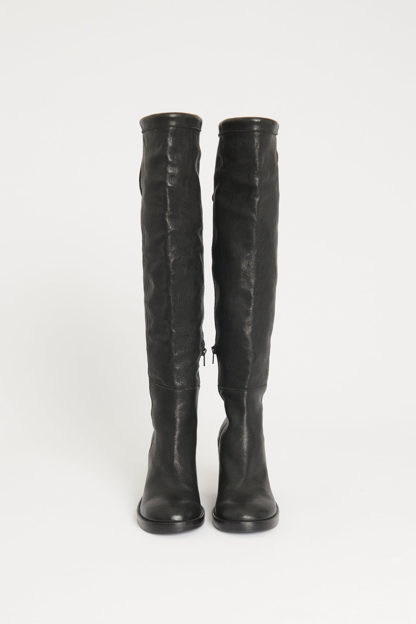 Black Grained Leather Preowned Knee High Boots