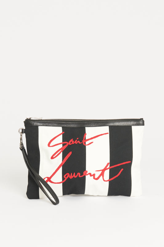 Black and White Cotton Preowned Clutch Bag