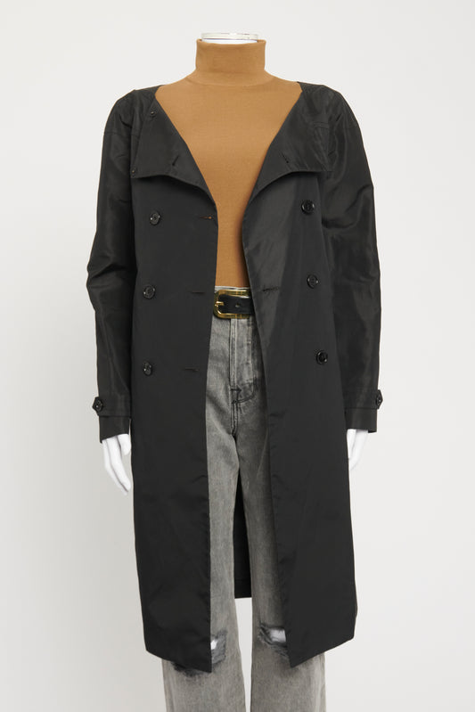 Black Silk Collarless Preowned Trench Coat