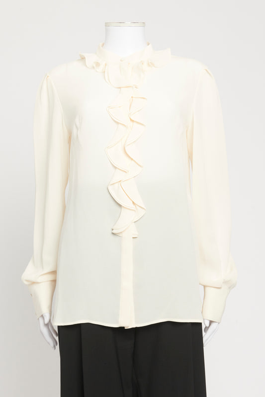 Ivory Silk Preowned Ruffled Long Sleeved Blouse