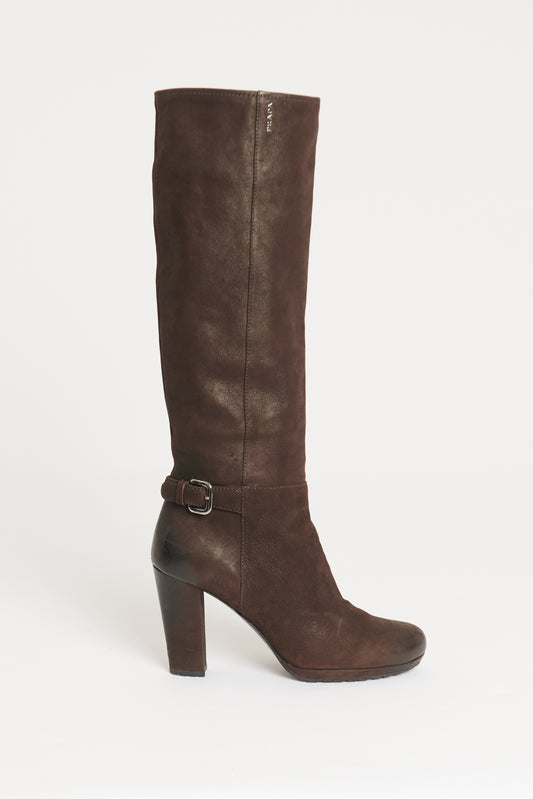 Brown Suede Preowned Buckle Knee High Boots