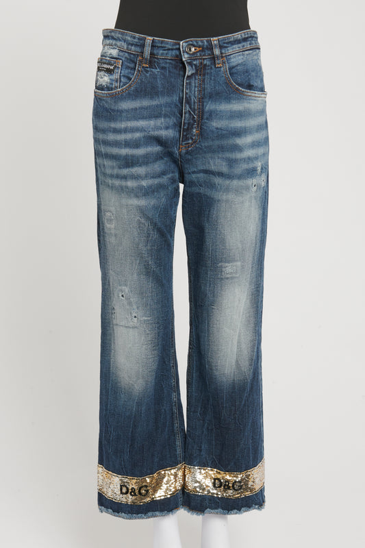 Blue Cotton Preowned Embellished Wide Leg Jeans