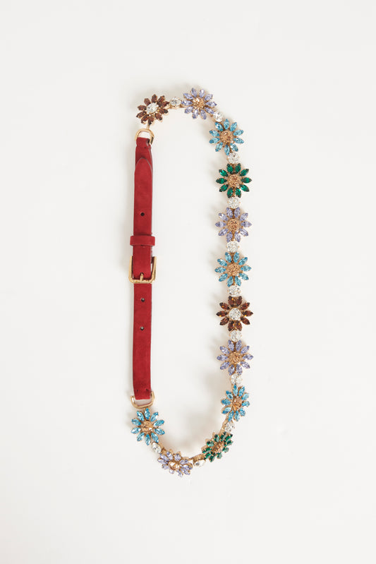 Red Leather Preowned Floral Crystal Embellished Belt