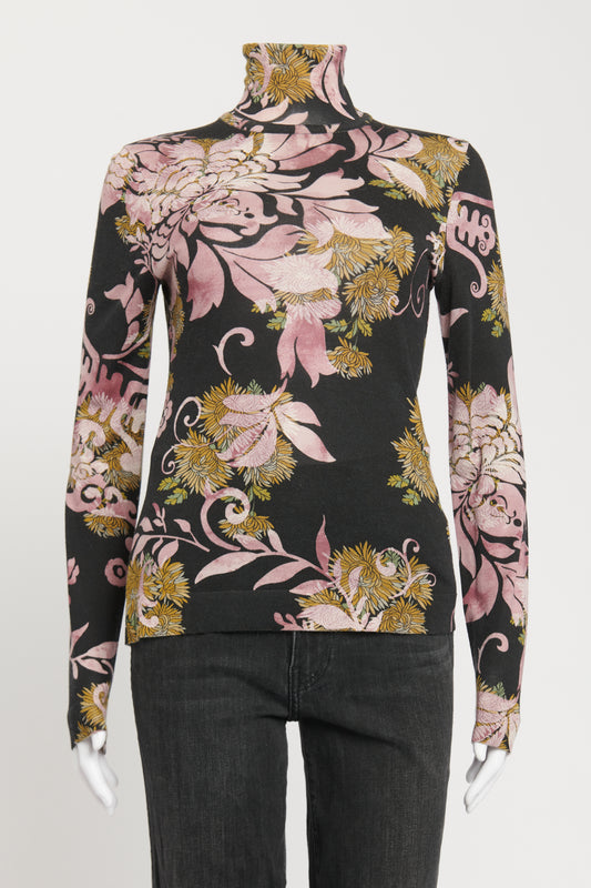 Black Wool And Silk Blend Preowned Turtle Neck Floral Top