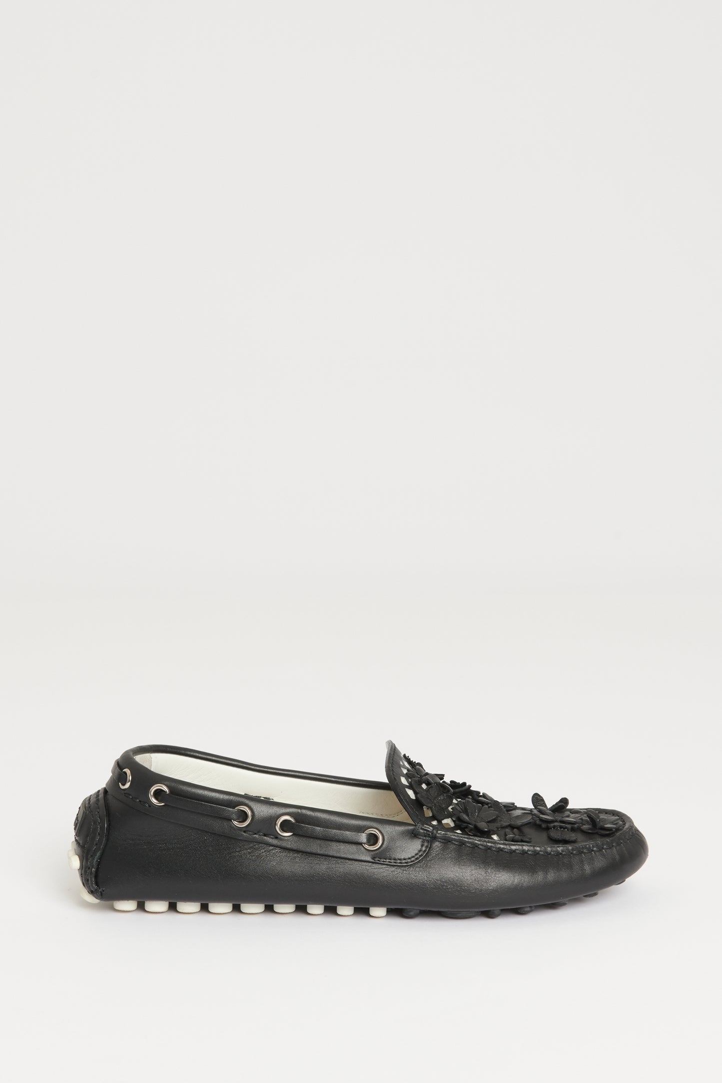 Black Leather Preowned Floral Appliqué Driving Loafers