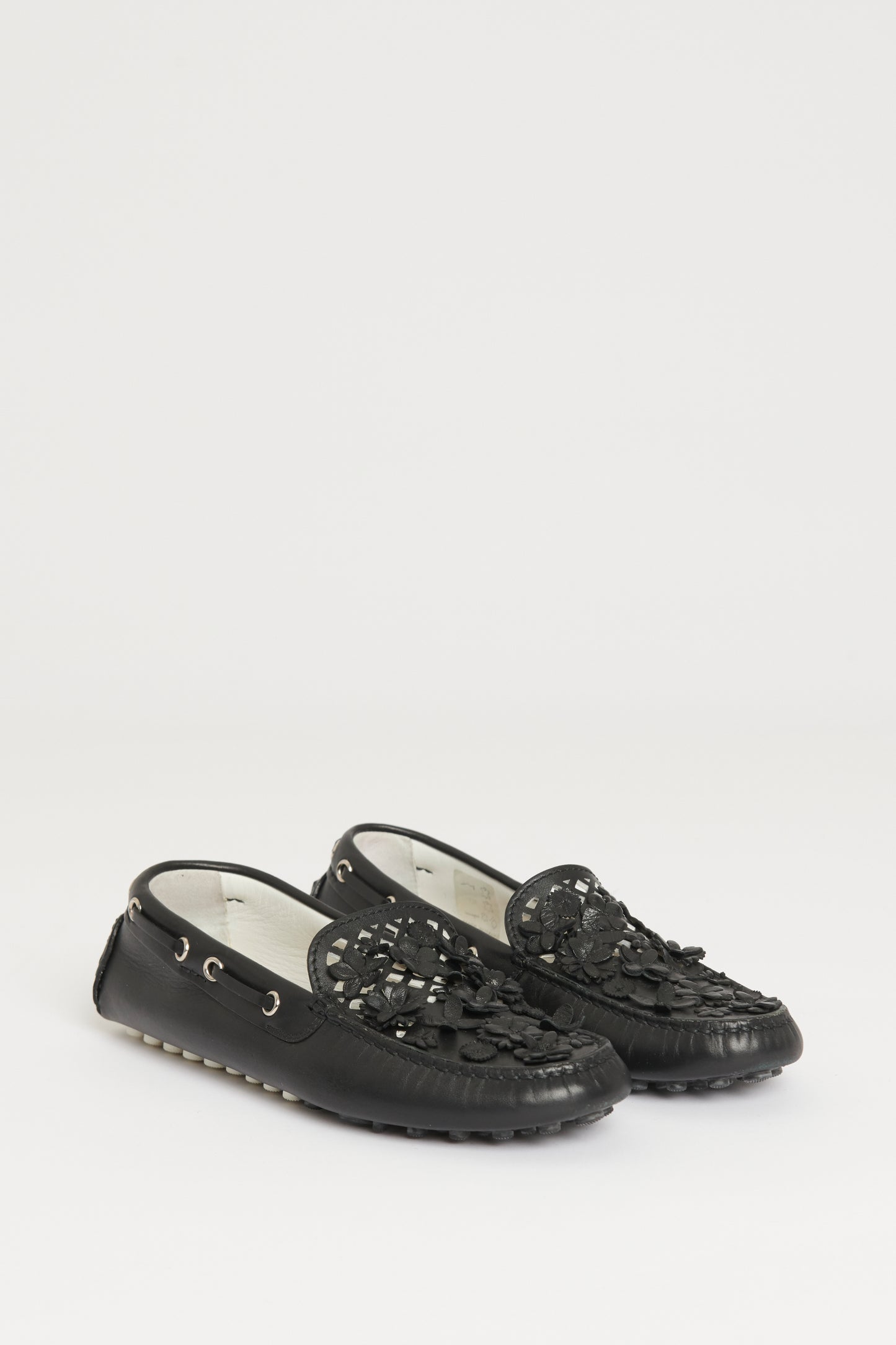 Black Leather Preowned Floral Appliqué Driving Loafers