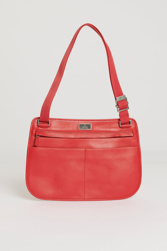 Red Calfskin Preowned Zip-Up Shoulder Bag