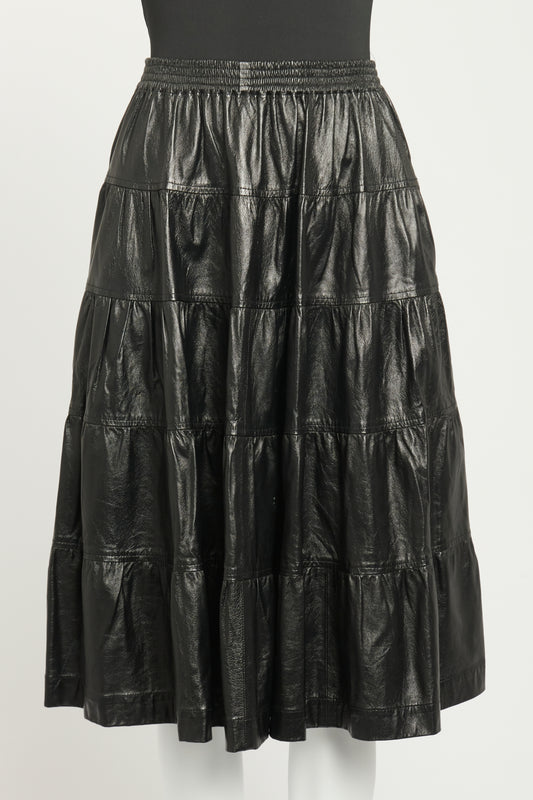 Black Lambskin Preowned Tiered Knee Length Skirt