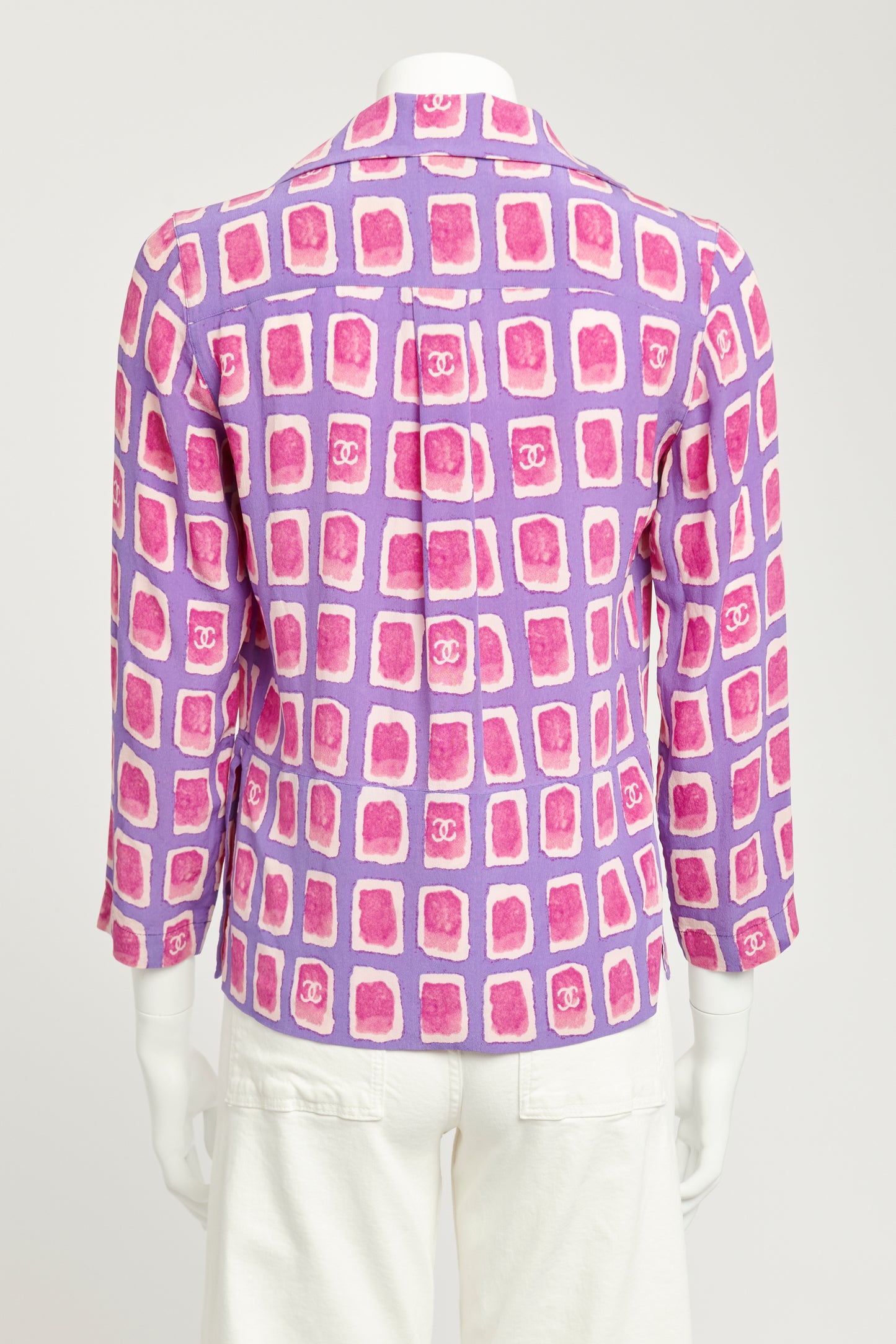 2001 Purple Silk Preowned Printed CC Zip-Up Blouse
