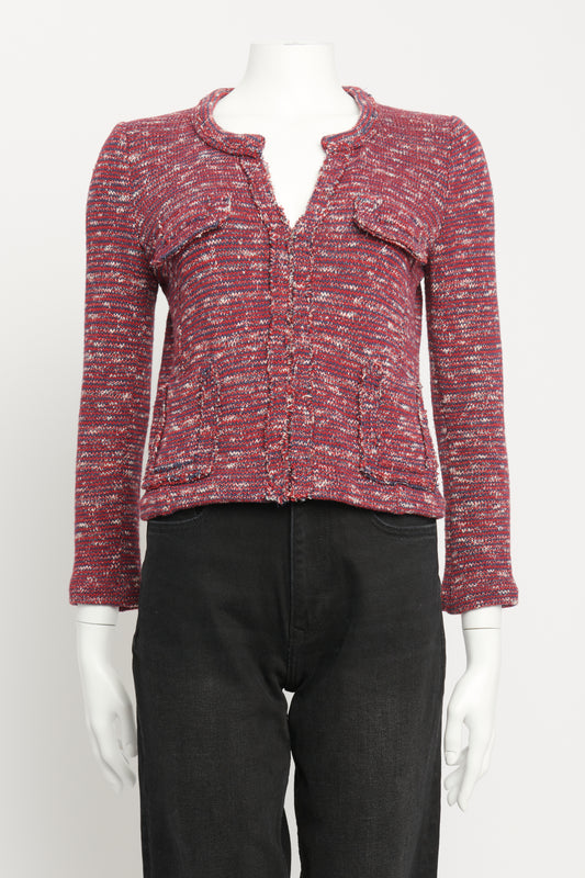 Red & Blue Cotton Blend Preowned Frayed Cardigan