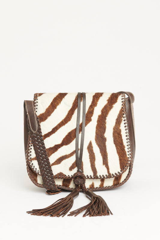 Brown Pony-Style Leather Preowned Zebra Print Saddle Bag
