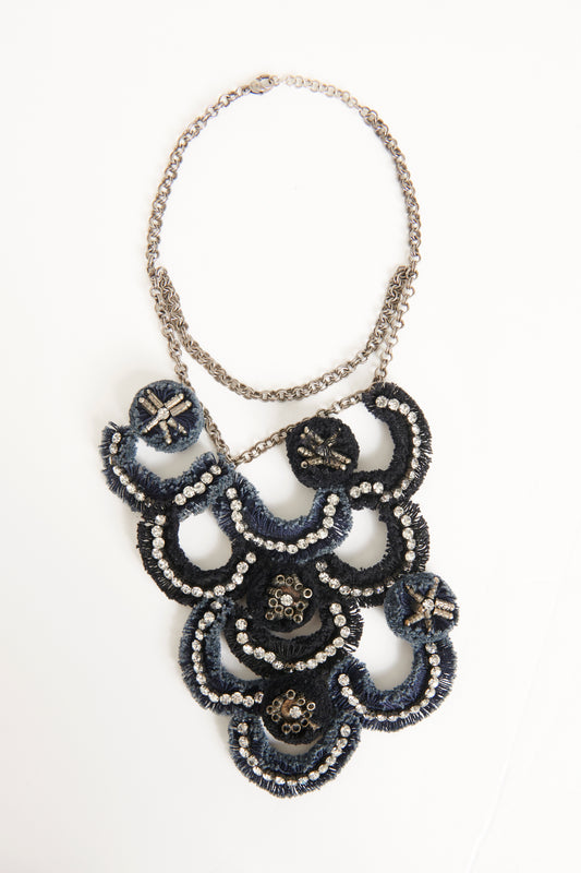 Navy Gunmetal Metal & Vachetta Preowned Tiered Fringe Crystal Necklace