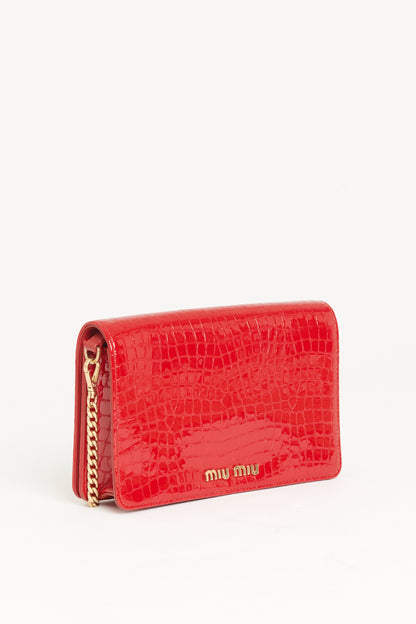 Red Croc Embossed Patent Leather Preowned Crystal Buckle Crossbody Bag