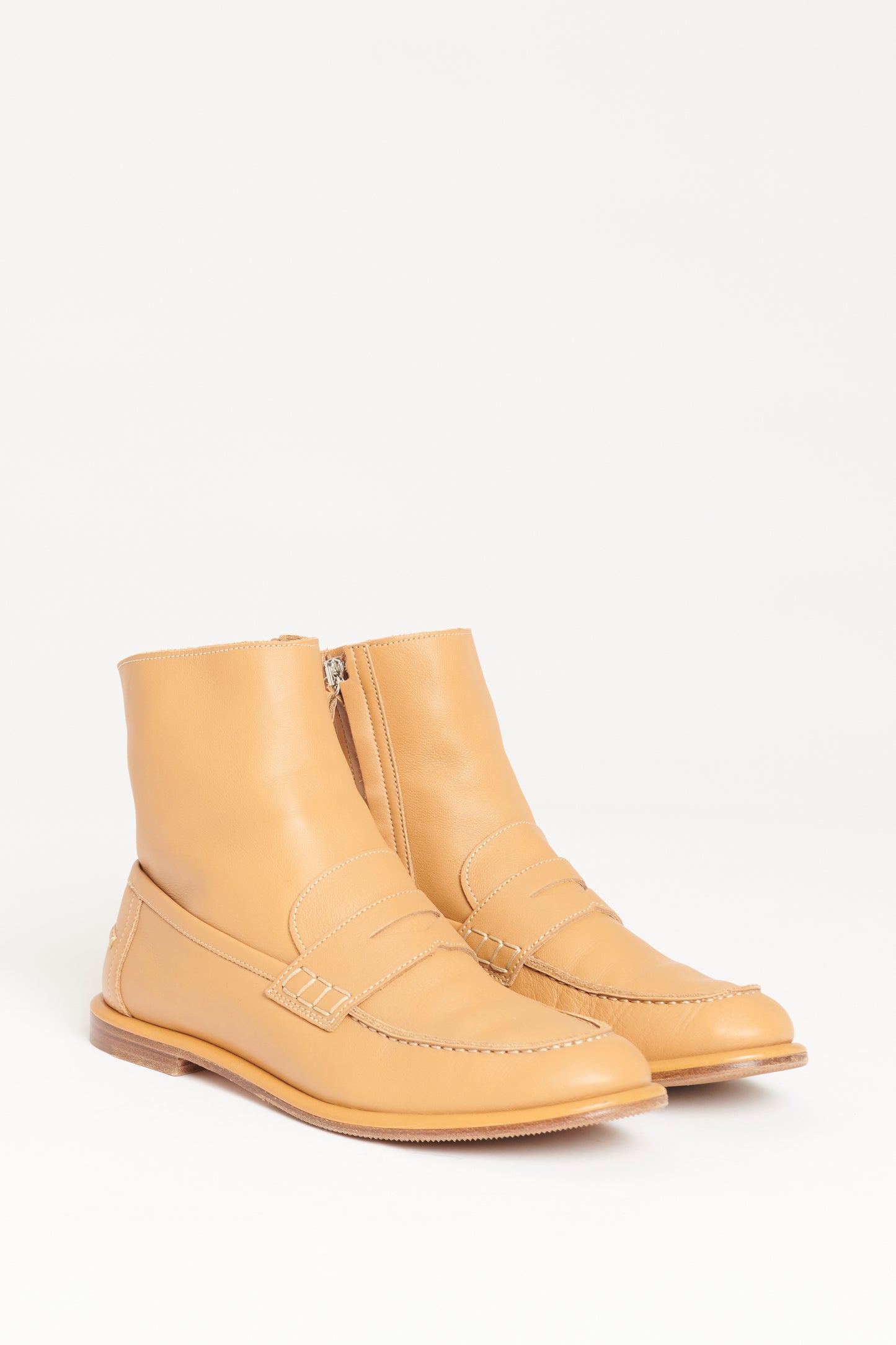 Tan Leather Preowned Zip Up Loafer Boots