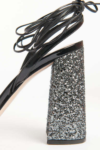 Black Patent Leather Preowned Lace Up Glitter Sandals