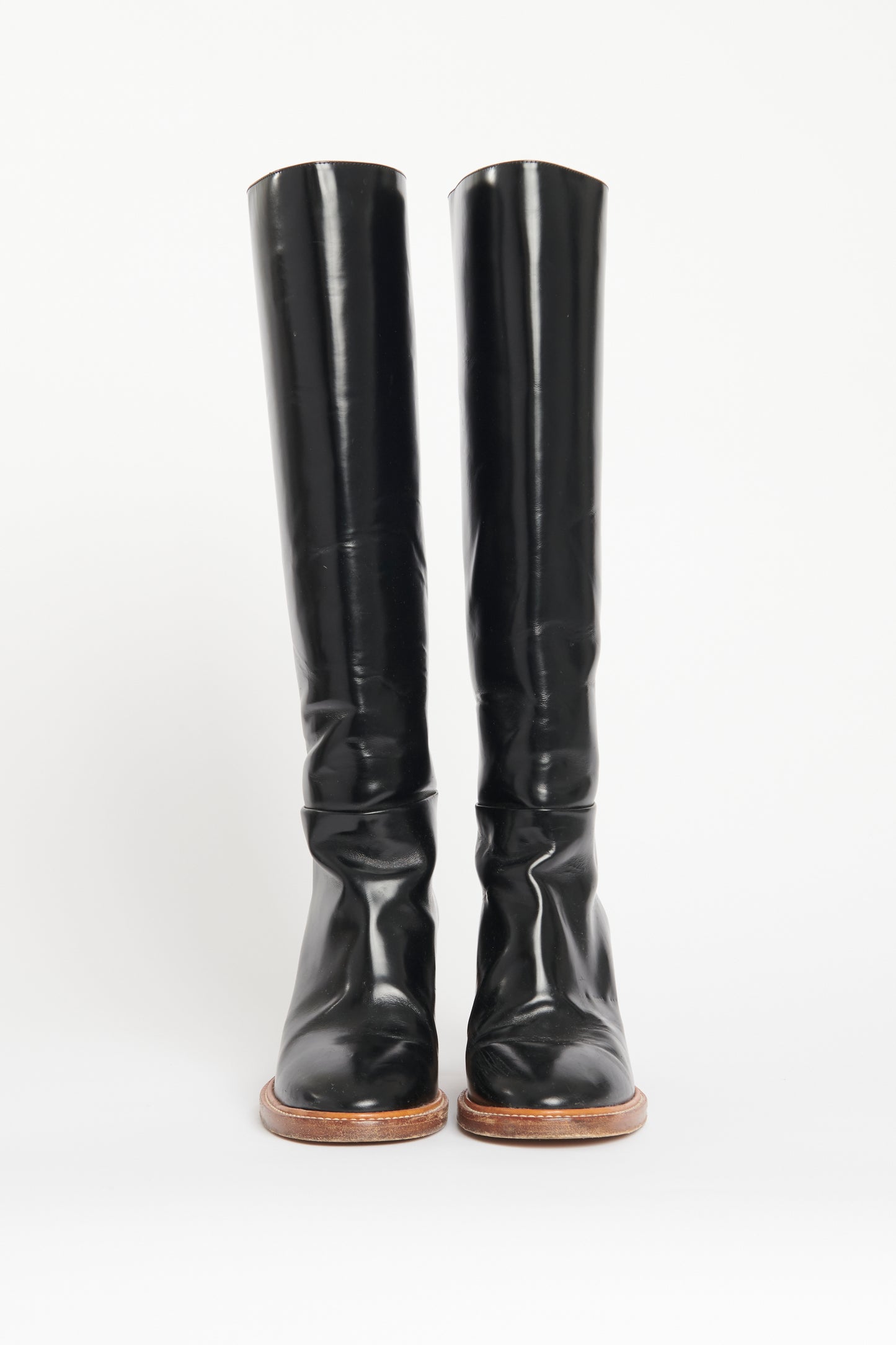 Black Shiny Leather Preowned Bocca 75 Knee Length Boots