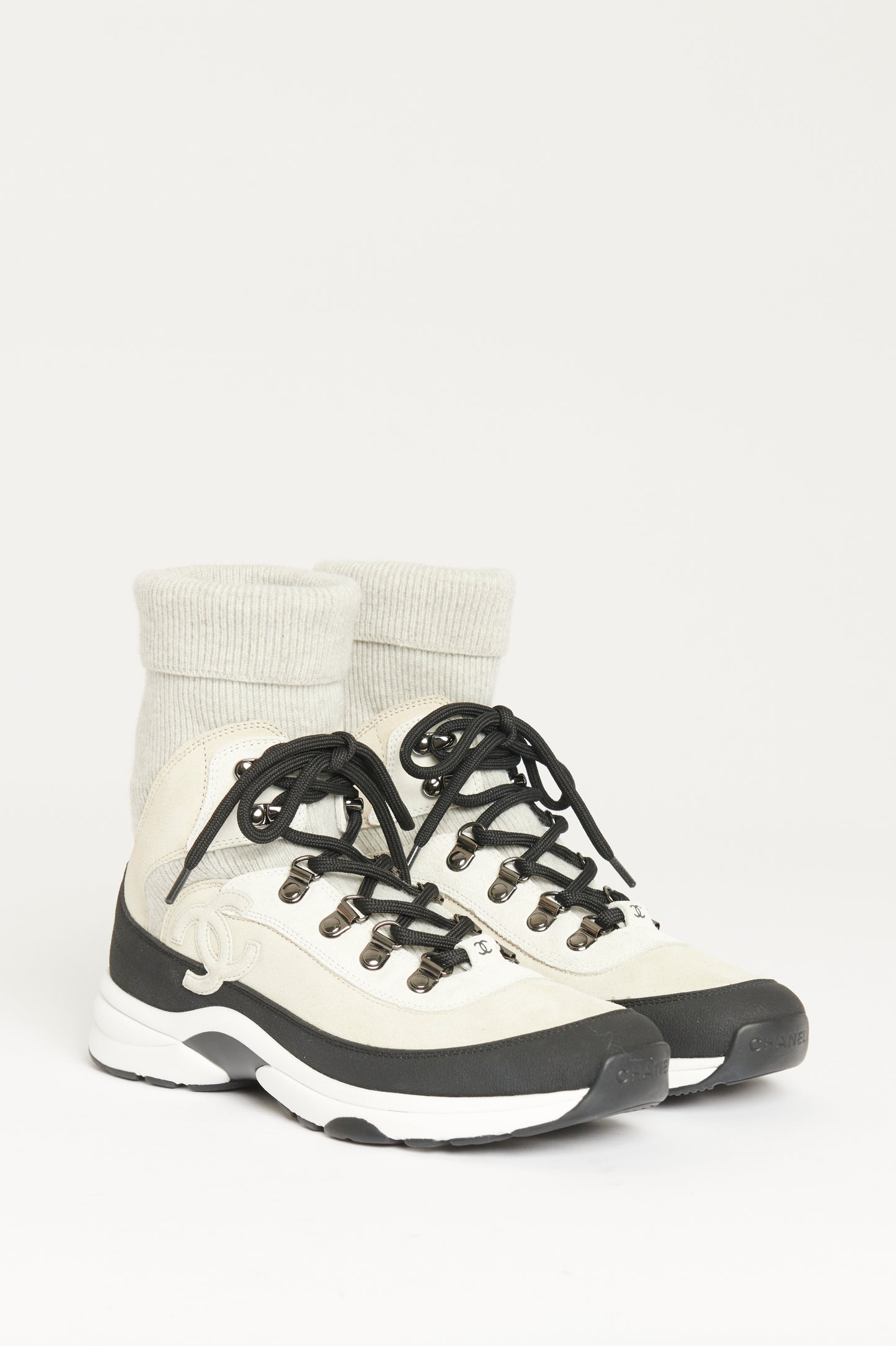 Taupe Suede & Leather Preowned Lace Up Sock Trainers
