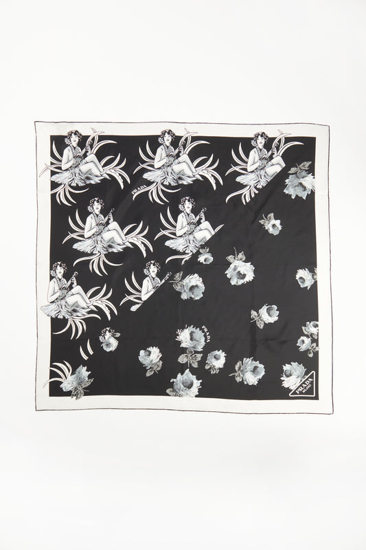 2023 Black Silk Preowned Printed Floral Scarf